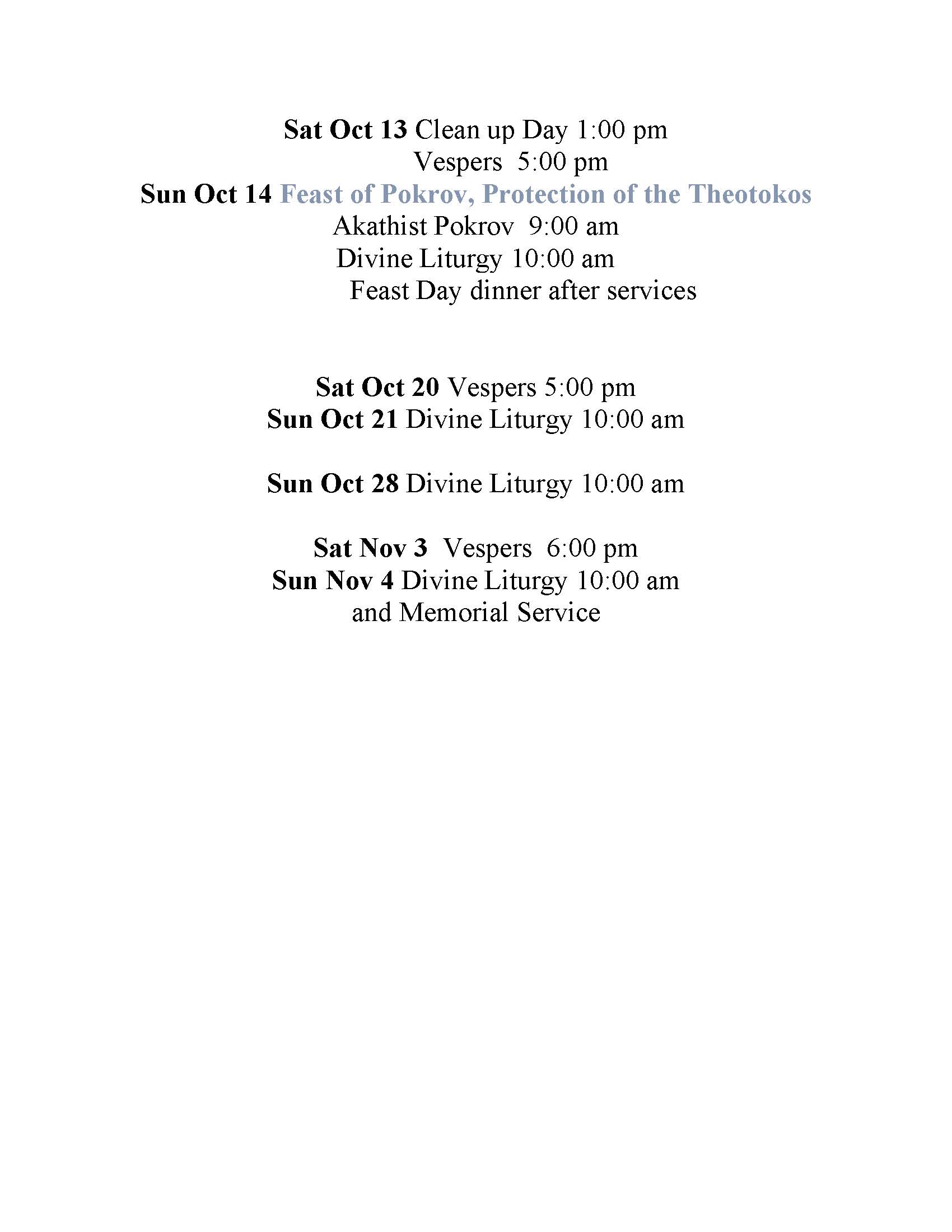 schedule of services for holy virgin protection russian orthodox church in northern indiana
